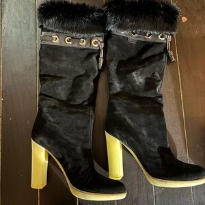 Gucci Black Suede Boots with Gold Heels